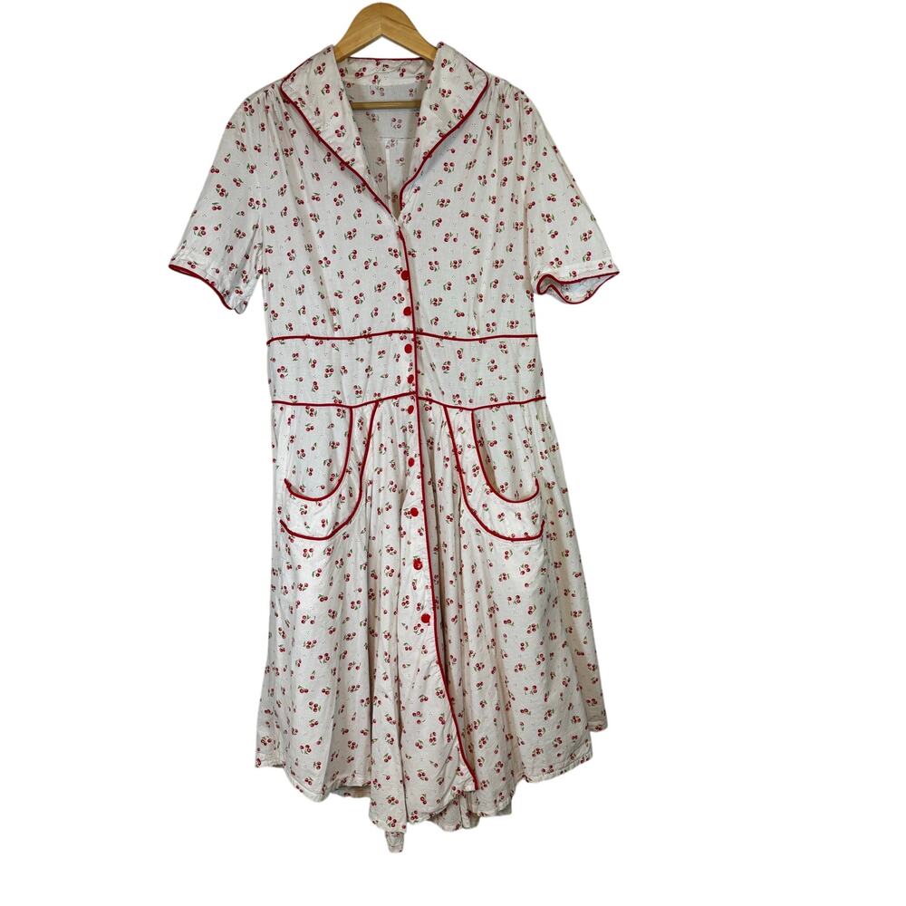 Vintage Cherry Print Retro Dress XL Pinup Rockabilly 50s Inspired Short Sleeve